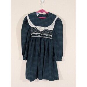 Polly Flinders Girls Green Tartan Plaid Hand Smocked Dress Sz7 6 6x Vintage